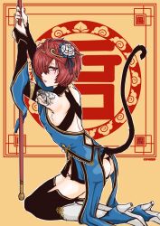 1boy absurdres arm_tattoo ass blue_dress china_dress chinese_clothes crossdressing elbow_gloves fate/grand_order fate_(series) femboy fuuma_kotarou_(fate) gloves hair_ornament hair_over_one_eye high_heel_boots high_heels highres looking_at_viewer looking_back male male_only male_solo monkey_tail muscular_femboy on_knees otoko_no_ko red_eyes red_hair short_hair solo solo_male stick tattoo thigh_boots trap unknown_artist yaoi