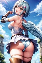 ai_generated angel angel_wings ass bare_shoulders blue_hair blush breasts dress female from_behind green_eyes hairclip looking_at_viewer medium_breasts nanael panties queen's_blade shiny shiny_hair shiny_skin short_hair single_wing solo thick_thighs thighlet wings