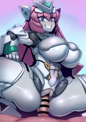 1boy 1girls absurdres android blue_eyes bondage_outfit boots breasts censored colored_skin cowgirl_position dominatrix female grey_skin headgear highres huge_breasts human human/robot joints long_hair male_human/female_robot mecha_musume metal_skin navel penis pink_hair pussy revealing_clothes robot robot_girl robot_joints robot_neoanthropinae_polynian roza_(polynian) sex shiny_skin skindentation solo_focus spread_legs teeth thigh_boots tsuki_wani tsukiwani tukiwani