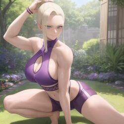 1girls ai_generated athletic athletic_female blonde_hair blue_eyes female female_only flower flowers garden hair_over_one_eye ino_yamanaka legs looking_at_viewer muscular muscular_female naruto naruto_(classic) naruto_(series) naruto_shippuden outside ponytail shorts smirk smirking smirking_at_viewer sports_bra thick thick_legs thick_thighs tree trees yamanaka_ino yoga yoga_pose
