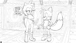 1boy 1girls absurd_res amusement_park amy_rose blush bodily_fluids boots bottomless breasts clothed clothing comic erection excito exposed_torso female footwear fox_tail genital_fluids genitals handwear hi_res horny_female imminent_sex lifting_dress male netorare ntr partially_clothed pussy pussy_juice sega sex_request shoes showing_pussy sonic_(series) sonic_adventure sonic_the_hedgehog_(series) speech_bubble sweat sweatdrop tails text twinkle_park