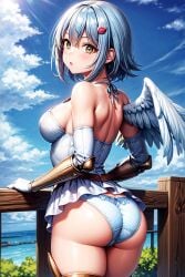 ai_generated angel angel_wings ass bare_shoulders blue_hair blush breasts dress female from_behind green_eyes hairclip looking_at_viewer medium_breasts nanael panties queen's_blade shiny shiny_hair shiny_skin short_hair single_wing solo thick_thighs thighlet wings