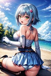 ai_generated angel angel_wings ass bare_shoulders blue_hair blush breasts corset female from_behind green_eyes hairclip looking_at_viewer medium_breasts nanael panties queen's_blade shiny shiny_hair shiny_skin short_hair single_wing solo thick_thighs thighlet wings