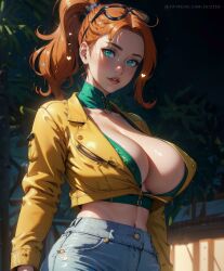 1girl 1girls ai_generated belly_button big_breasts blush blushing breasts breasts_almost_out breasts_bigger_than_head cleavage coat denim denim_jeans glasses glasses_on_head green_eyes high_waisted_jeans high_waisted_pants hourglass_figure huge_breasts jacket large_breasts light-skinned_female looking_at_viewer orange_hair outdoors outside pokemon ponytail redhead skizzen solo sonia_(pokemon) stable_diffusion trees window yellow_jacket