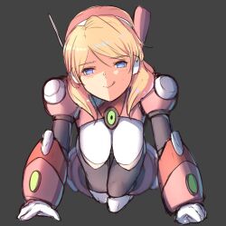 alia big_breasts blue_eyes blush crawl crawling eyes eyes_open full_body_suit fully_clothed horny horny_face horny_female kimagure_ilya mega_man mega_man_x mega_man_x_dive mouth simple_background smile tongue_out yellow_hair