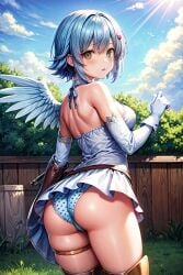 ai_generated angel angel_wings ass bare_shoulders blue_hair blush breasts dress female from_behind green_eyes hairclip looking_at_viewer medium_breasts nanael panties queen's_blade shiny shiny_hair shiny_skin short_hair single_wing solo thick_thighs thighlet wings