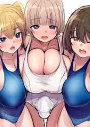 1futa 2girls big_breasts blue_eyes breasts brown_fur brown_hair bulge bulge_through_clothing clothed clothing erection female fully_clothed futanari high-angle_view huge_breasts human light-skinned_female light-skinned_futanari light_skin massive_breasts ohanachan original penis pink_hair purple_eyes school_swimsuit short_hair simple_background standing swimsuit twintails white_background yellow_hair