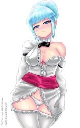 blue_eyes blue_hair blush bowtie breasts breasts_out clothed dress hair_bun heart hearts oxygen_not_included pei_(oxygen_not_includedd) self-upload tagme thick_thighs thighhighs thighs waist_belt waitress white_background white_panties zapirstehozawra2006