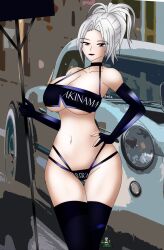 akinama_family_(noir-black-shooter) big_breasts car female noir-black-shooter oc original original_character purple_eyes race_queen reika_akinama_(noir-black-shooter) silver_hair