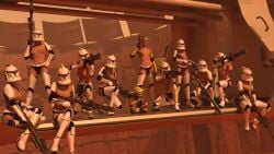 1male alexbridger armor clone_trooper clone_wars clones geonosis green_skin helmet laat/i multiple_girls navel pointy_ears shaved_head sitting small_breasts star_wars tits weapon white_armor yoda yoda's_species