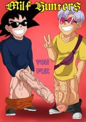 2boys big_balls big_penis big_testicles dragon_ball dragon_ball_super dragon_ball_z drip foreskin glasses huge_balls huge_cock huge_testicles male_only massive_penis pants_down smaller_male son_goten toony trunks_(dragon_ball) trunks_briefs veiny_penis von_fuk young