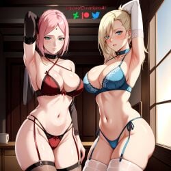 2girls ai_generated arm_sleeves armpit_fetish armpits arms_behind_head arms_up big_breasts blonde_hair blue_eyes boruto:_naruto_next_generations breasts cleavage female female_only garter_straps green_eyes haruno_sakura ino_yamanaka jordan53 lewdcreationsai lingerie multiple_girls naruto naruto_(series) navel panties pink_hair sakura_haruno stockings yamanaka_ino