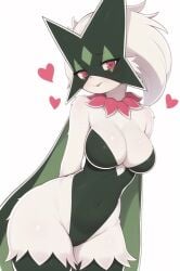 1girls adorable ai_generated anthro bare_shoulders big_breasts blush breasts cape cat_humanoid catgirl cleavage closed_mouth collarbone covered_navel cowboy_shot female female_only furry generation_8_pokemon green_fur green_hair groin happy heart heart-shaped_pupils heartwarming large_breasts looking_at_viewer mask meowscarada pokémon_(species) pokemon pokemon_(species) pokemon_sv red_eyes shiny_skin short_hair simple_background smile solo spoken_heart standing sweat sywu02 thighhighs tongue tongue_out white_background white_skin wholesome