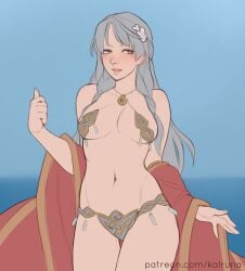 1girls absurdres adapted_costume alternate_costume bare_shoulders bikini blue_background breasts cape commission female female_only fire_emblem fire_emblem:_radiant_dawn grey_hair groin hair_ribbon half_updo highres kalruna long_hair looking_at_viewer medium_breasts micaiah_(fire_emblem) micaiah_(queen_of_dawn)_(fire_emblem) navel nintendo patreon_username red_cape ribbon sideboob silver_hair simple_background solo swimsuit yellow_bikini yellow_eyes yellow_swimsuit