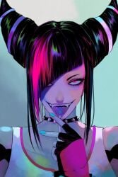 1girls black_hair capcom choker crazy_girl dyed_hair female female_only fully_clothed hair_over_one_eye hi_res immortalfawn juri_han lollipop looking_at_viewer painted_nails red_eyes seductive_look seductive_smile smile solo street_fighter street_fighter_6 tagme