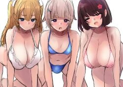 1boy 2girls belly_button big_breasts bikini blue_bikini blue_eyes breasts brown_eyes brown_hair bulge bulge_through_clothing female femboy hairclip huge_breasts looking_at_viewer male massive_breasts multiple_girls ohanachan open_mouth original pink_bikini pink_hair purple_eyes short_hair simple_background twintails white_background white_bikini yellow_hair