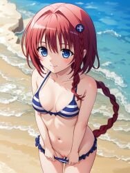 ai_generated beach blue_hair kurosaki_mea ocean outdoors outside panties_down pussy pussy_peek red_hair stable_diffusion striped_swimsuit swimsuit to_love-ru to_love-ru_darkness