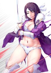 1girls ass_visible_through_thighs bow_panties bra dark_brown_hair exploding_clothes female female_only fire_emblem fire_emblem_awakening harihisa headband large_breasts nintendo nipples panties say'ri_(fire_emblem) solo sword thick_thighs toned_stomach underwear wardrobe_malfunction white_panties