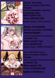 3girls abortion_mark aje anus areolae assassin azur_lane barcode_tattoo big_breasts black_hair blonde_hair body_writing breasts breeding_slave celia_cumani_aintree censored cum_dump edit english_text female female_human formidable_(azur_lane) gold_hairband gray_hair hairband high_heels huge_breasts human lactation large_areolae large_breasts looking_at_viewer looking_pleasured mature_female milf mosaic_censoring multiple_girls netorare ntr nude nude_female peace_sign pregnant pregnant_belly pregnant_female presenting_pussy pricelist pussy red_eyes slave slavegirl spread_legs spy_x_family text thick_thighs thighs thorn_princess walkure_romanze yor_briar yor_forger