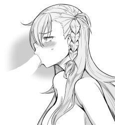 1boy blush braid breasts fate/grand_order fate_(series) fellatio female greyscale large_breasts large_penis licking licking_penis long_hair looking_up monochrome non-web_source olga_marie_animusphere oral penis side_braid straight suzushiro_nazuna teardrop tongue tongue_out white_background