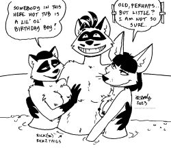 1boy 2023 2girls anthro arm_around_back bedroom_eyes belladonna_(tegerio) birthday birthday_sex black_and_white black_hair breasts canid canine excited female ffm ffm_threesome fox girl_sandwich group hair hand_in_water hand_on_chest hi_res holding_partner hot_tub implied_handjob male male/female mammal monochrome narrowed_eyes nude partially_submerged procyonid raccoon rick2tails seductive sex smile speech_bubble tegerio trio undit_ermend