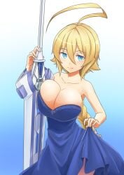 1girls ahoge bare_shoulders blazblue blonde_hair blue_eyes braid breast_press breasts cleavage colucolu dress dress_lift es_(xblaze) female holding_weapon huge_breasts long_hair looking_at_viewer simple_background smile solo sword tied_hair weapon xblaze