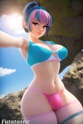 ai_generated blue_and_pink_hair bulge bulge_through_clothing cleavage curvy cyan_hair futa_only futanari highres human novelai pink_hair self_upload selfie solo_futa thigh_highs