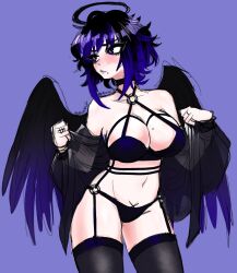 angel angel_girl angel_wings belly belly_button big_breasts black_hair black_lingerie black_wings blue_eyes blue_hair blue_wings blush blushing boobs breasts choker dark_hair dark_lingerie dark_wings embarrassed embarrassed_female fallen_angel female female_only flustered giant_breasts goth goth_girl grey_lipstick kaina_(megrocks) lingerie lipstick massive_breasts mole mole_on_breast mole_under_mouth oc original_character pose posing pubic_hair pubic_hair_peek pubic_tattoo purple_hair purple_wings ring rings rumblyf short_hair tattoo tattoo_on_belly thick_thighs thigh_highs thighhighs thighs transparent_clothing white_body white_skin wings