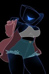 big_breasts black_background blue_eyes blue_outline databrawl eyelashes jacket malware_(databrawl) pixoppies thick_thighs