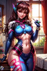 ai_generated bodysuit brown_eyes brown_hair curvy d.va female female_only fit_female looking_at_viewer medium_breasts navel overwatch smile smiling smiling_at_viewer solo solo_female supr3metr wide_hips