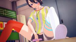 0zon 1girls 3d 3d_(artwork) black_hair blue_eyes blush dildo female hololive hololive_gen_2 hololive_japan imminent_masturbation implied_masturbation koikatsu light-skinned_female light_skin looking_down masturbation oozora_subaru pants parted_lips pleasure_face short_hair socks spread_legs tomboy very_short_hair virtual_youtuber