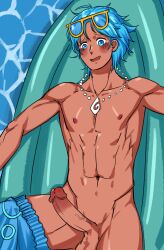 1boy blue_hair cookie_run dark-skinned_male femboy laying_down male male_only nipples penis shorts_down soda_cookie solo solo_male swimming_trunks tagme toned toned_male unknown_artist veiny_penis