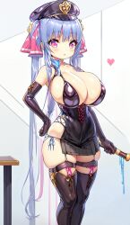 ai_generated bangs barely_contained big_breasts blue_hair blush corset dominatrix femdom garter_straps hair_between_eyes hair_ornament hair_ribbon hand_on_hip heart hourglass_figure huge_breasts latex_clothing leather_clothing long_hair looking_at_viewer massive_breasts nai_diffusion pink_eyes riko_(shuz) shortstack skindentation solo stable_diffusion stretched_clothing thick_thighs tight_clothing twintails wide_hips