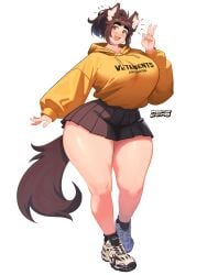 animal_ears animal_tail big_breasts breasts brown_hair brunette_hair harufeng hoodie huge_breasts thick_thighs thighs vicky_(harufeng) wide_hips