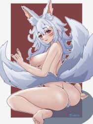 1girls animal_ear_fluff animal_ears ass bare_shoulders barefoot blush breasts censored completely_nude coubalty female female_only fox_ears fox_girl fox_tail hair_between_eyes heart heart_censor highres kitsune light-skinned_female light_skin lips long_hair looking_at_viewer medium_breasts mole mole_under_eye multi_ear multi_tail nijisanji nijisanji_en nina_kosaka nipples nude parted_lips pussy red_eyes red_nails smile solo tail toes virtual_youtuber white_hair