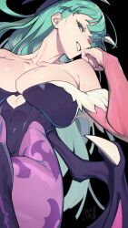 1girls 2d 2d_(artwork) bat_print bat_wings big_breasts black_background bridal_gauntlets bursting_breasts cleavage clothing collarbone cyan_eyes cyan_hair darkstalkers female from_below grin hair_ornament leotard lhata4564 long_hair medium_breasts morrigan_aensland off_shoulder pantyhose pink_lips purple_pantyhose seductive_look seductive_smile solo_female succubus sweat sweatdrop watermark