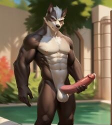 1boy 5_fingers abs ai_generated anthro areola areolae balls fur furry holding_penis male muscular muscular_anthro muscular_male navel nintendo nipples penis pool riseflux solo solo_anthro solo_male star_fox wolf wolf_o'donnell