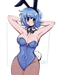 1girls 2020s 2023 :3 arms_behind_head artist_signature big_breasts blue_eyes blue_hair blush breasts bunnysuit commission female female_only looking_away megrocks original original_character shiny_skin short_hair simple_background solo white_background