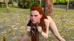 1girls 3d aloy bent_over bondage defaultusername female female_only horizon_zero_dawn legs_spread public public_bondage public_nudity red_hair solo tagme tied tied_to_pole tied_to_post tied_up