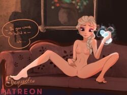 barefoot blonde_hair dildo disney disney_princess elsa_(frozen) feet frozen_(film) ice imminent_masturbation lip_biting magic masturbation nude nude_female pussy sequestro sofa solo spread_legs