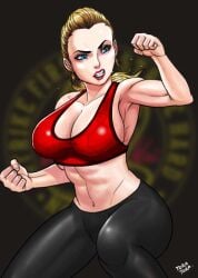 1girls abs areolae big_ass big_breasts big_butt blonde_hair blue_eyes breasts cleavage clothed_female cobra_kai female_only fighting_pose large_breasts light-skinned_female light_skin makeup perky_breasts solo solo_female solo_focus sports_bra sweat tora_tora tory_nichols