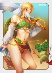 1boy arrow_(projectile) artist_name bare_shoulders blonde_hair blue_background blue_eyes blurry blurry_background breasts breath_of_the_wild bridal_gauntlets brown_background bulge chastity chastity_cage chastity_device crossdressing detached_sleeves feet_out_of_frame femboy gerudo_link gerudo_set_(zelda) gradient_background highres holding korok link link_(breath_of_the_wild) looking_to_the_side male_focus medium_breasts midriff mouth_veil nail_polish navel no_panties otoko_no_ko parted_bangs pink_nails quiver scimitar shadow shield_on_back solo steamed_egg sword testicles the_legend_of_zelda the_legend_of_zelda:_breath_of_the_wild thighs veil weapon white_sleeves