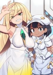 2girls aether_foundation aether_foundation_employee aether_foundation_employee_(female) armpits big_breasts black_hair blonde_hair chocolate_and_vanilla dark_skin female_aether_foundation_employee game_freak grey_eyes lemon_snail light_skin long_hair lusamine_(pokemon) nintendo one_eye_covered pokemon pokemon_sm posing sexy_armpits sfw short_hair uniform