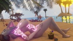 2023 3d beach blindfold breasts demon_hunter demon_hunter_(warcraft) elf elf_ears female glowing_tattoo horns morilymory night_elf night_elf_female nude pointy_ears tattoo white_hair world_of_warcraft