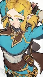 artist_signature big_breasts blonde_hair cloak crown_braid elf_ears fingerless_gloves green_eyes hairclips hands_behind_head lhata4564 looking_at_viewer nintendo princess_zelda safe_for_work sfw short_blonde_hair short_hair tears_of_the_kingdom the_legend_of_zelda the_legend_of_zelda:_tears_of_the_kingdom white_background zelda_(tears_of_the_kingdom)