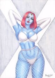 1girls 2023 blue_body curvaceous curvy_body curvy_figure ed_benes_studio eduardo_copati female fishnet_legwear fishnets hi_res huge_breasts lingerie long_hair looking_at_viewer marvel marvel_comics mystique raven_darkholme solo_female solo_focus x-men