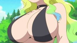 1girls animated animated_gif anime_screencap barely_contained big_breasts bikini bikini_top blonde_hair bouncing_breasts breast_focus busty choker dyed_hair female female_only huge_breasts large_breasts light-skinned_female light_skin lucoa miss_kobayashi's_dragon_maid monster_girl queen_of_spades quetzalcoatl_(dragon_maid) revealing_clothes screencap screenshot solo spade