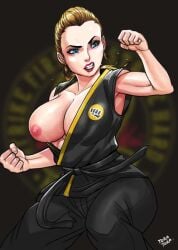 1girls abs areolae big_ass big_breasts big_butt blonde_hair blue_eyes breasts cleavage clothed cobra_kai female female_only fighting_pose large_breasts light-skinned_female light_skin makeup perky_breasts solo solo_female solo_focus sweat tora_tora tory_nichols