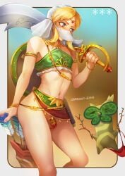 1boy arrow_(projectile) artist_name bare_shoulders blonde_hair blue_background blue_eyes blue_lips blurry blurry_background breasts breath_of_the_wild brown_background bulge chastity chastity_cage chastity_device crossdressing feet_out_of_frame femboy gerudo_link gerudo_set_(zelda) gradient_background highres holding korok link link_(breath_of_the_wild) looking_to_the_side male_focus medium_breasts midriff mouth_veil nail_polish navel no_panties otoko_no_ko parted_bangs pink_nails quiver scimitar shadow shield_on_back solo steamed_egg sword the_legend_of_zelda the_legend_of_zelda:_breath_of_the_wild thighs veil weapon white_sleeves