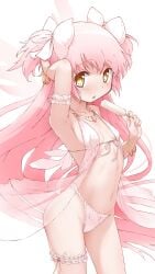 abutomato blush_lines bracelet bracelets female female_focus female_only goddess ice_cream leg_band light-skinned_female light_skin lingerie lingerie_only long_hair looking_at_viewer madoka_kaname magical_girl mahou_shoujo_madoka_magica open_mouth pink_hair popsicle puella_magi_madoka_magica slim_girl slim_waist small_breasts solo solo_female solo_focus thong twintails ultimate_madoka very_long_hair white_background white_ribbon yellow_eyes